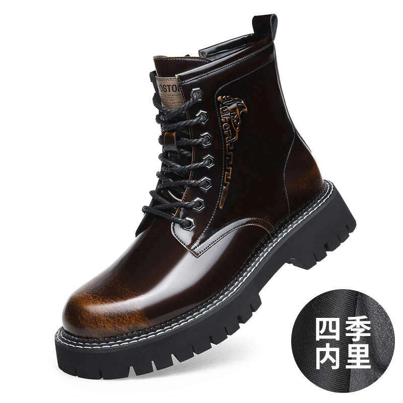 KIMLUD, Martin Boots Mens Genuine Leather Shiny Soft Leather Thick Sole English Style Low Top Short Retro Plush Wool Elevated Work Boots, Brown Grid 90105 / 38, KIMLUD APPAREL - Womens Clothes