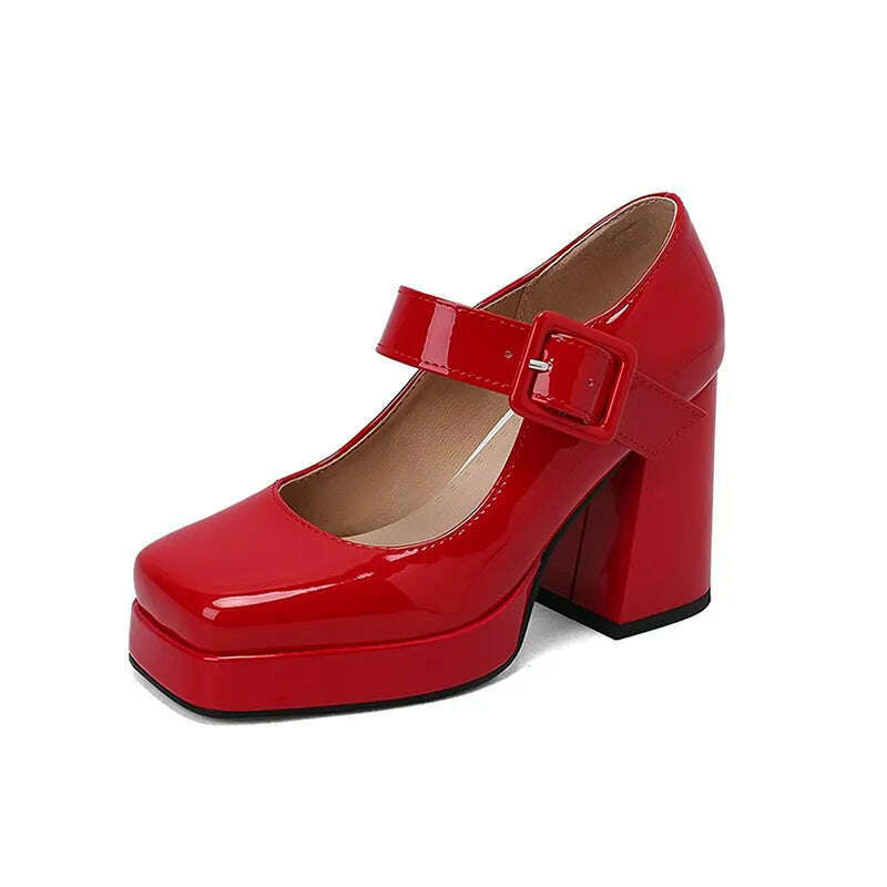 KIMLUD, Mary Janes classic ankle strap shoes women party dress OL shoes pu leather pumps thick high heels spring summer shoes lady pumps, red / 34, KIMLUD APPAREL - Womens Clothes