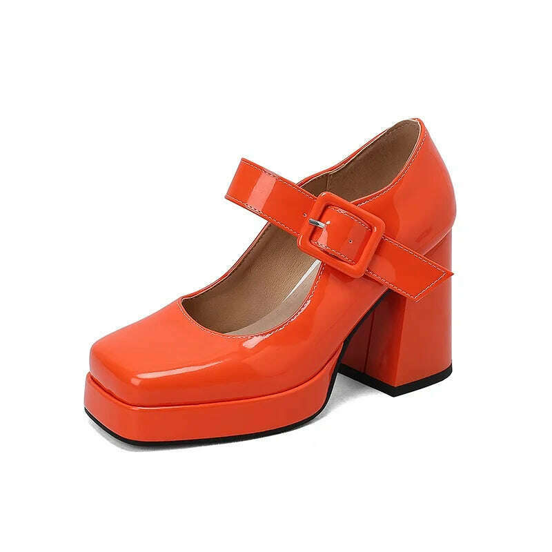 KIMLUD, Mary Janes classic ankle strap shoes women party dress OL shoes pu leather pumps thick high heels spring summer shoes lady pumps, orange / 34, KIMLUD APPAREL - Womens Clothes