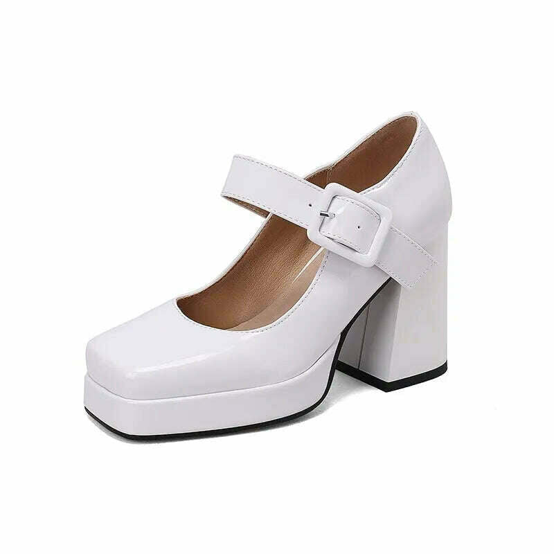 KIMLUD, Mary Janes classic ankle strap shoes women party dress OL shoes pu leather pumps thick high heels spring summer shoes lady pumps, white / 34, KIMLUD APPAREL - Womens Clothes