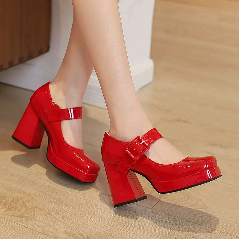 KIMLUD, Mary Janes classic ankle strap shoes women party dress OL shoes pu leather pumps thick high heels spring summer shoes lady pumps, KIMLUD Womens Clothes