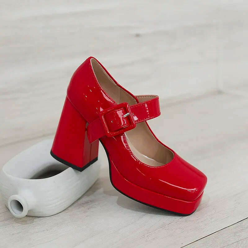 KIMLUD, Mary Janes classic ankle strap shoes women party dress OL shoes pu leather pumps thick high heels spring summer shoes lady pumps, KIMLUD Womens Clothes