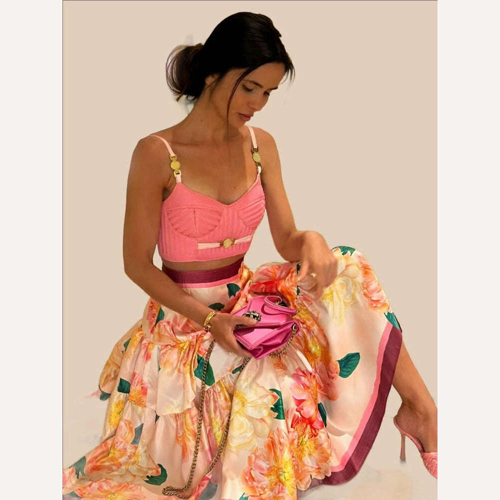 MARYYIMEI 2023 Summer Sexy Fashion Vacation Skirts Sets Women's Short Spaghetti Strap Top + flowers printed Skirts 2 Pieces Suit - KIMLUD