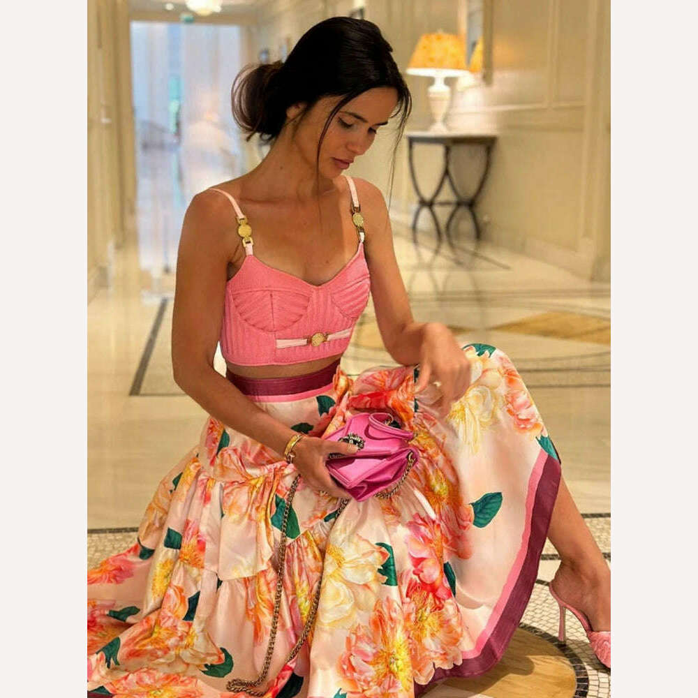 MARYYIMEI 2023 Summer Sexy Fashion Vacation Skirts Sets Women's Short Spaghetti Strap Top + flowers printed Skirts 2 Pieces Suit - KIMLUD