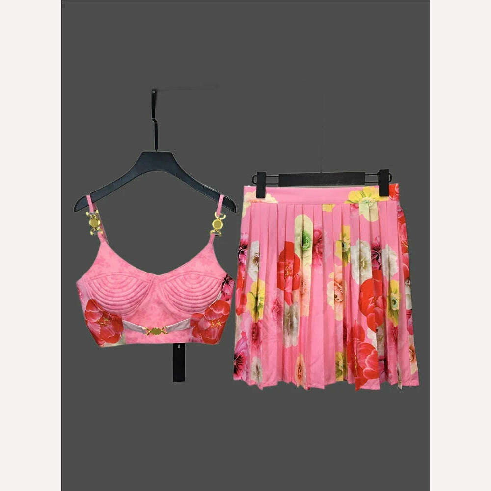 MARYYIMEI 2023 Summer Sexy Fashion Vacation Skirts Sets Women's Short Spaghetti Strap Top + flowers printed Skirts 2 Pieces Suit - KIMLUD