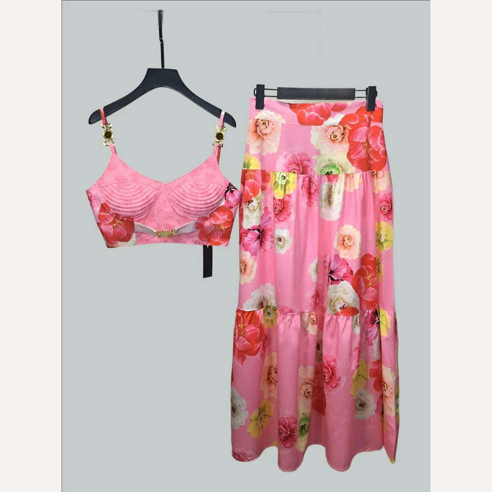 MARYYIMEI 2023 Summer Sexy Fashion Vacation Skirts Sets Women's Short Spaghetti Strap Top + flowers printed Skirts 2 Pieces Suit - KIMLUD