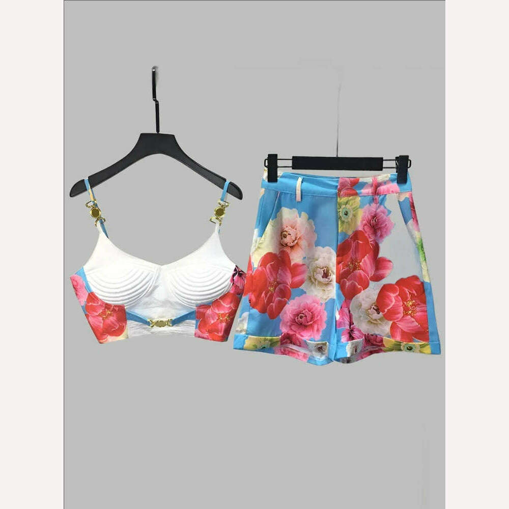 MARYYIMEI 2023 Summer Sexy Fashion Vacation Skirts Sets Women's Short Spaghetti Strap Top + flowers printed Skirts 2 Pieces Suit - KIMLUD