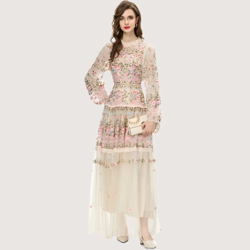 MARYYIMEI New 2023 Vintage Fashion Designer Dress Women's Mesh Embroidered Translucent Lantern Sleeve Slim White Long Dress - KIMLUD