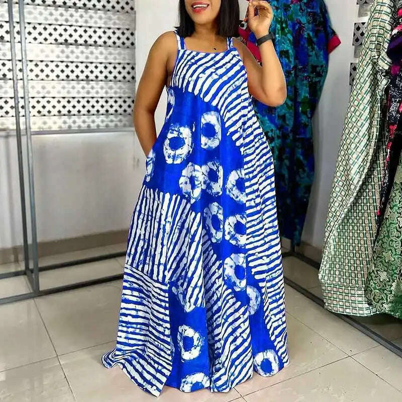 Maxi Long Dress Sexy Sleeveless Bohemian Printed Party Sundress 2024 VONDA Summer Tank Vestidos Beach Loose Casual Robe Oversize - KIMLUD