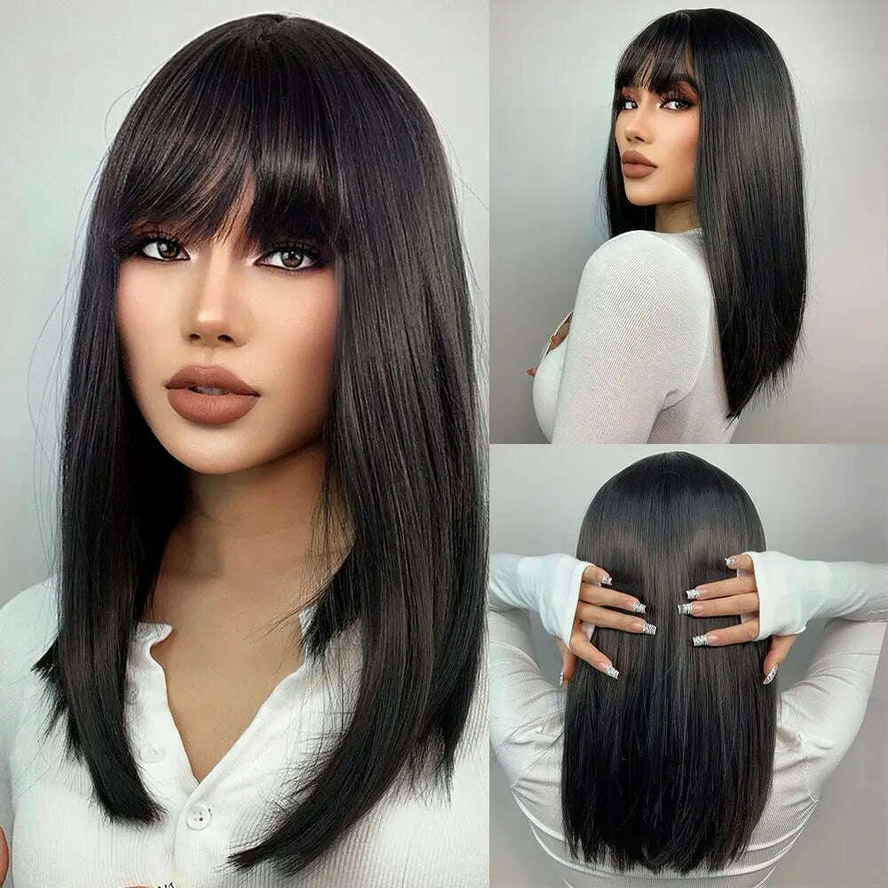KIMLUD, Medium Length Blue White Ombre Straight Synthetic Hair With Bangs Short Bob Cosplay Wig for Women Daily Party Heat Resistant, KIMLUD Womens Clothes