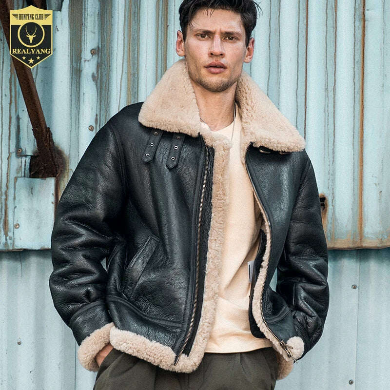 KIMLUD, Men B3 Bomber RAF Aviator Shearling Sheepskin Leather Coat Fur Pilot Winter Thick Jacket Handmade Vintage Flying Motorcycle Coat, black / S, KIMLUD APPAREL - Womens Clothes