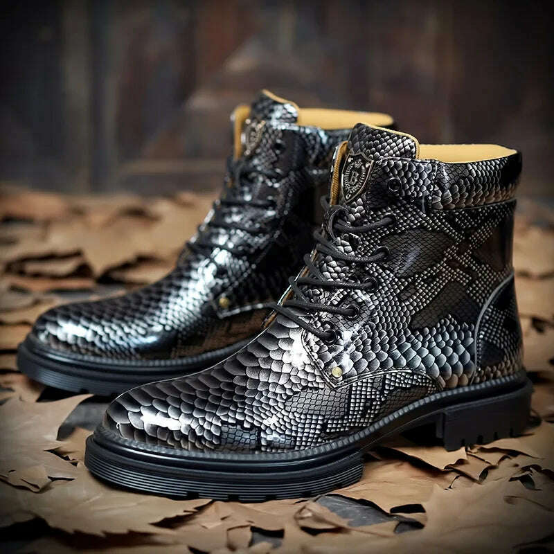 KIMLUD, Men Chelsea Boots Business Pu Leather Slip on Vintage Snake Comfortable Ankle Boots Male Casual Boots Combat Boots Men Boots, KIMLUD Womens Clothes