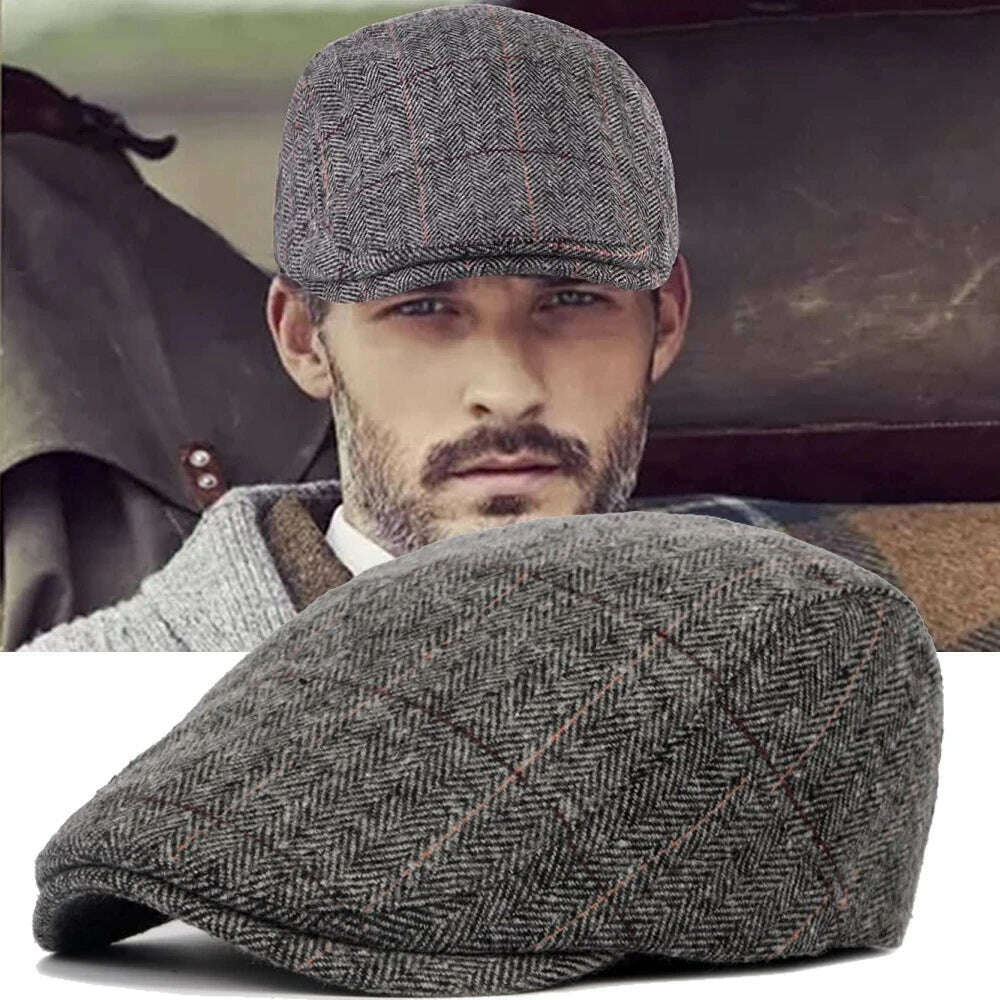 Men Classic Plaid Stripe Newsboy Cap for Male Winter Cotton Flat Ivy Vintage Gatsbay Hat Irish Outdoor Cabbie Beret Painter Hat - KIMLUD