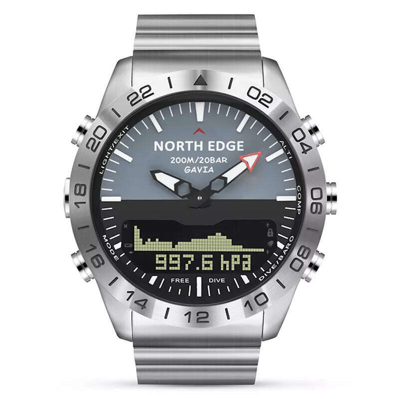 KIMLUD, Men Dive Sports Digital watch Mens Watches Military Army Luxury Full Steel Business Waterproof 200m Altimeter Compass NORTH EDGE, Silver, KIMLUD Womens Clothes