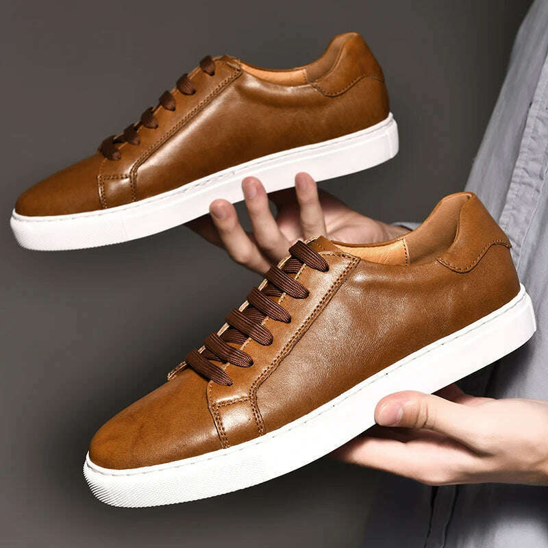 KIMLUD, Men Shoes Genuine Leather Casual Shoes Fashion Sneakers British style Cow Leather Men Shoes New Men Sneakers, Brown / 5.5, KIMLUD Womens Clothes