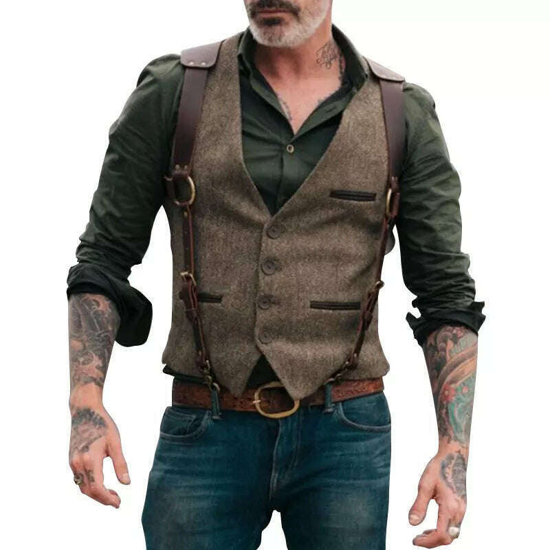 Men Suit Vests Tweed Formal Victorian Business Dress Waistcoat Cosplay Mens Gentleman Groomman Wedding Slim Fit Gilet Tuxedo - KIMLUD
