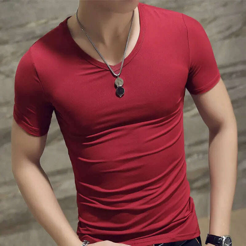 KIMLUD, Men T Shirt Fashion Fitness V Neck Short Sleeve T-Shirt Summer Casual Gym Solid Color Tops Plus Size Slim Polyester T-Shirts, KIMLUD Womens Clothes