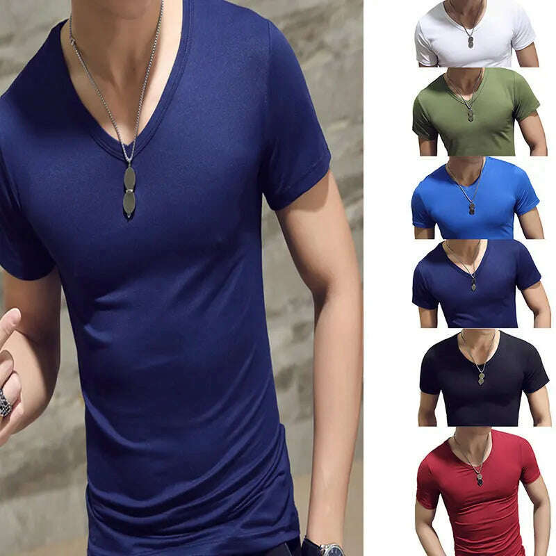 KIMLUD, Men T Shirt Fashion Fitness V Neck Short Sleeve T-Shirt Summer Casual Gym Solid Color Tops Plus Size Slim Polyester T-Shirts, KIMLUD Womens Clothes
