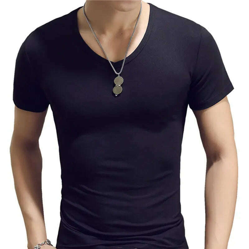 KIMLUD, Men T Shirt Fashion Fitness V Neck Short Sleeve T-Shirt Summer Casual Gym Solid Color Tops Plus Size Slim Polyester T-Shirts, Black / L, KIMLUD APPAREL - Womens Clothes
