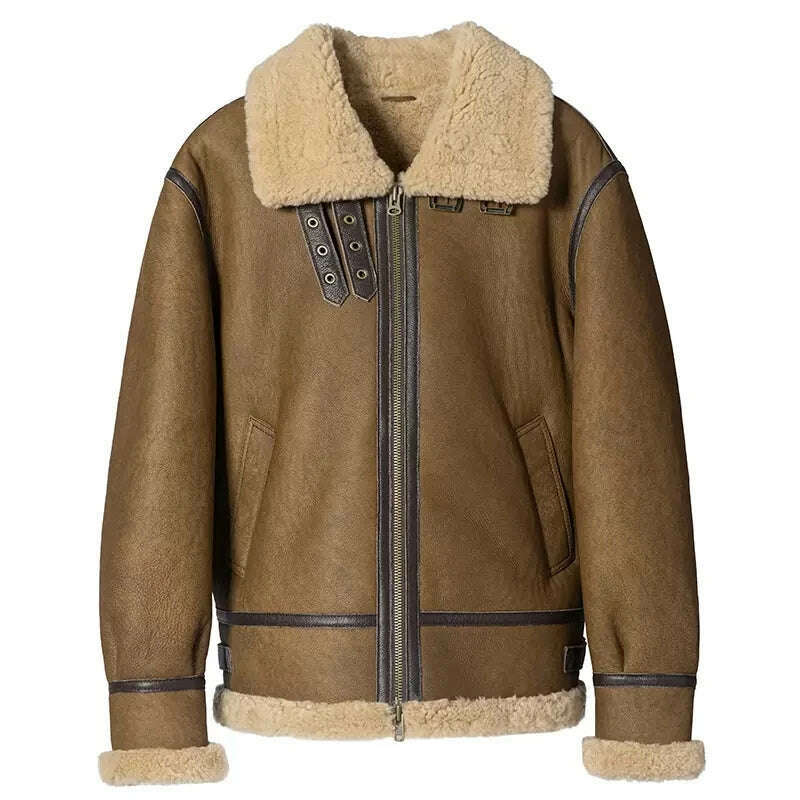 KIMLUD, Men Thick Winter Shearling Sheepskin Genuine Leather Coat Male B3 Bomber Aviator Outerwear Trench Flight Real Leather Jacket, Khaki / S, KIMLUD APPAREL - Womens Clothes