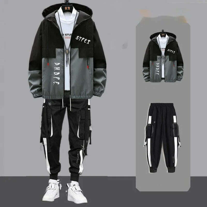 KIMLUD, Men Tracksuit Autumn Sportswear Two Piece Sets Man Hip Hop Fashion Sweatpants Brand Clothing Mens Students Sweatsuit Hoodie Suit, L158-165cm 50-57kg / gray, KIMLUD Womens Clothes