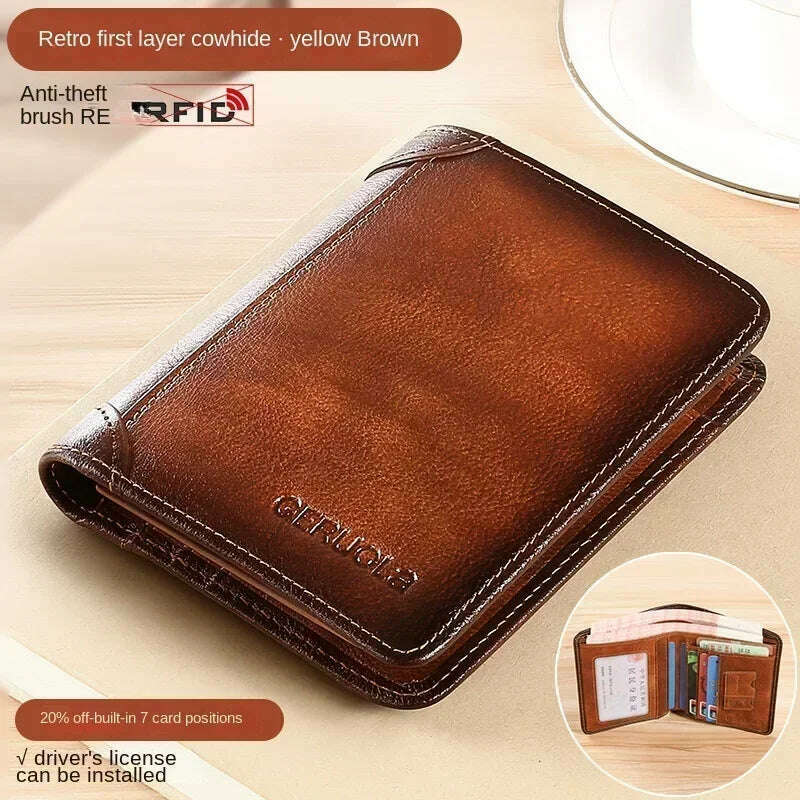 KIMLUD, Men Wallet Genuine Leather Rfid Blocking Trifold Wallet Vintage Thin Short Multi Function ID Credit Card Holder Male Purse Money, Brown-2, KIMLUD APPAREL - Womens Clothes