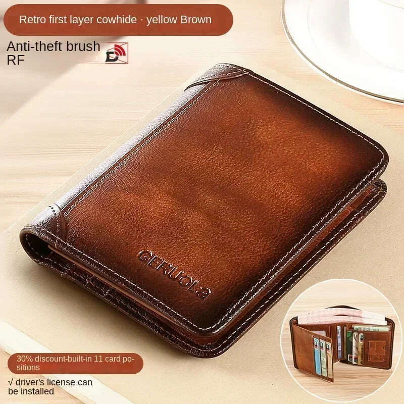 KIMLUD, Men Wallet Genuine Leather Rfid Blocking Trifold Wallet Vintage Thin Short Multi Function ID Credit Card Holder Male Purse Money, Brown-3, KIMLUD APPAREL - Womens Clothes