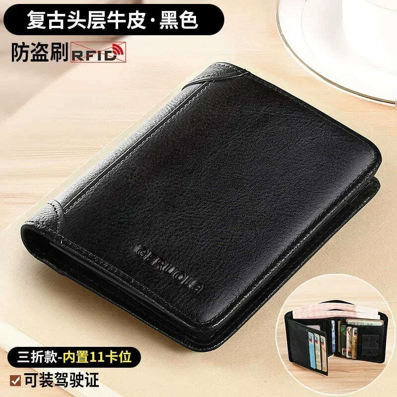 KIMLUD, Men Wallet Genuine Leather Rfid Blocking Trifold Wallet Vintage Thin Short Multi Function ID Credit Card Holder Male Purse Money, Black -3, KIMLUD APPAREL - Womens Clothes