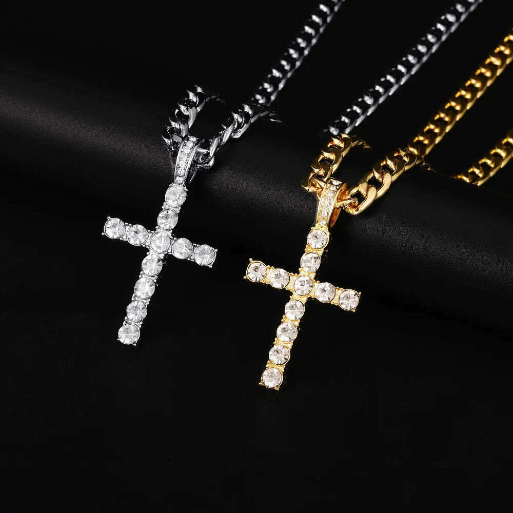 Men Women Hip Hop Cross Pendant Necklace With 4mm Zircon Tennis Chain Iced Out Exquisite Bling Jewelry Fashion Trendy Creative - KIMLUD