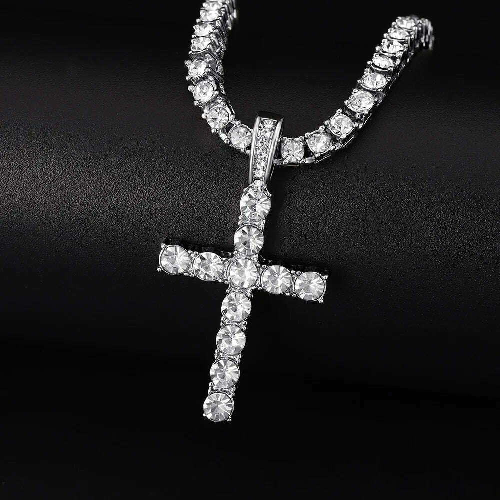 Men Women Hip Hop Cross Pendant Necklace With 4mm Zircon Tennis Chain Iced Out Exquisite Bling Jewelry Fashion Trendy Creative - KIMLUD