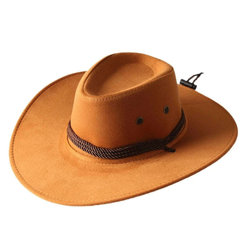 Men's Cool Sun Hat Solid Color Cool Western Cowboy Hat Plain Solid Color Men's Peaked Cap Large Western Rope Knight Cowboy Hat - KIMLUD