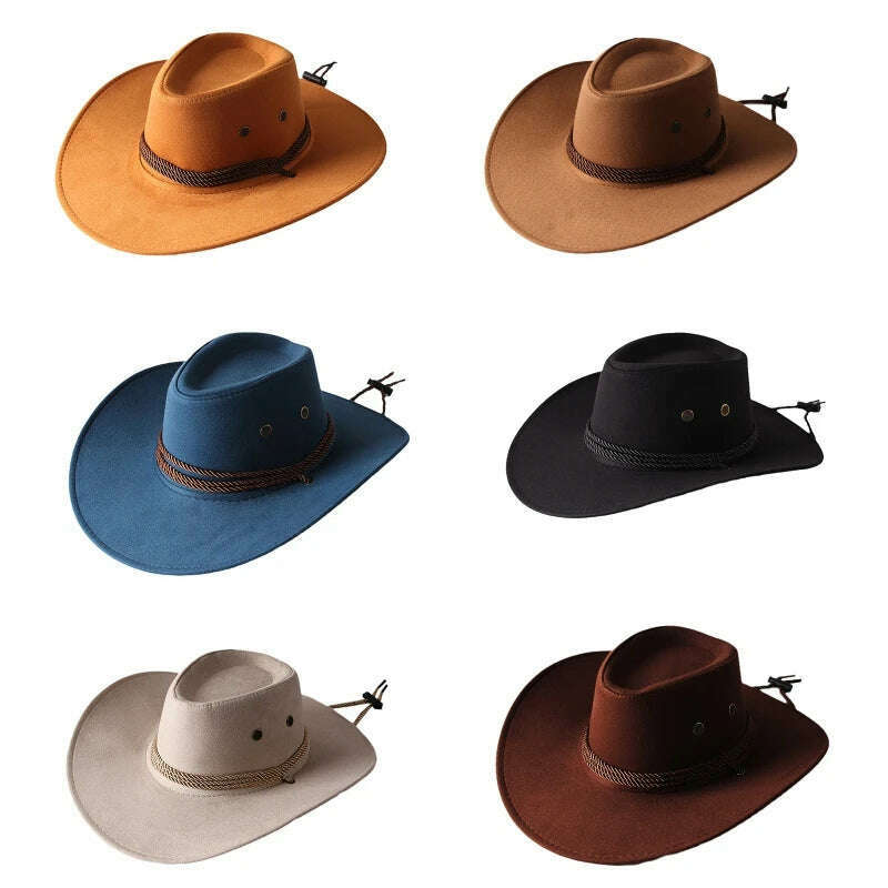 Men's Cool Sun Hat Solid Color Cool Western Cowboy Hat Plain Solid Color Men's Peaked Cap Large Western Rope Knight Cowboy Hat - KIMLUD