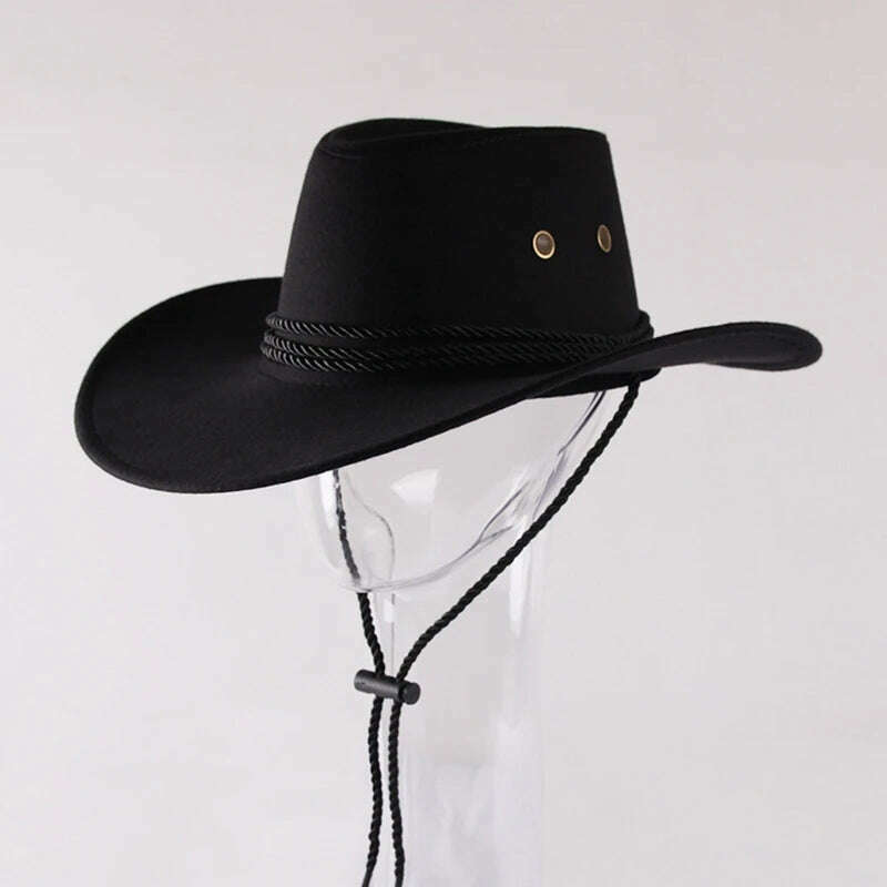 Men's Cool Sun Hat Solid Color Cool Western Cowboy Hat Plain Solid Color Men's Peaked Cap Large Western Rope Knight Cowboy Hat - KIMLUD