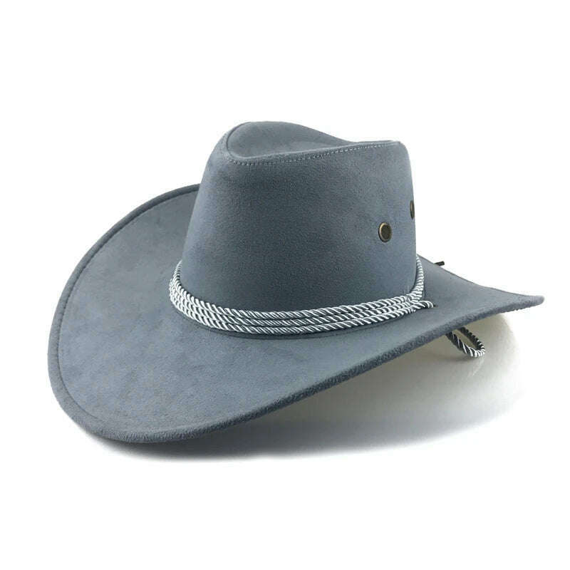 Men's Cool Sun Hat Solid Color Cool Western Cowboy Hat Plain Solid Color Men's Peaked Cap Large Western Rope Knight Cowboy Hat - KIMLUD
