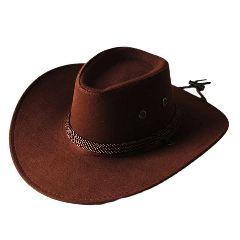 Men's Cool Sun Hat Solid Color Cool Western Cowboy Hat Plain Solid Color Men's Peaked Cap Large Western Rope Knight Cowboy Hat - KIMLUD