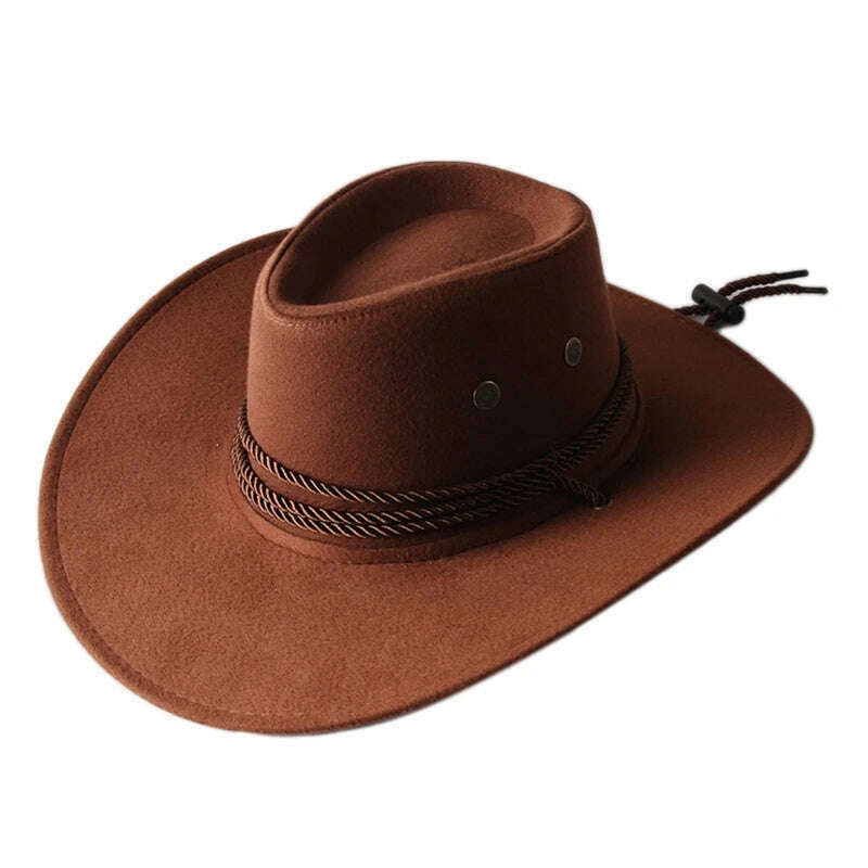 Men's Cool Sun Hat Solid Color Cool Western Cowboy Hat Plain Solid Color Men's Peaked Cap Large Western Rope Knight Cowboy Hat - KIMLUD