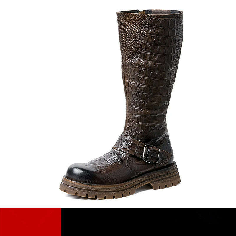 KIMLUD, Men's Genuine Leather Zipper Knight Knee-high Chelsea Riding Long Boots Man First Layer Cowhide Retro Buckle Belt Winter Shoes, Brown / 6, KIMLUD APPAREL - Womens Clothes