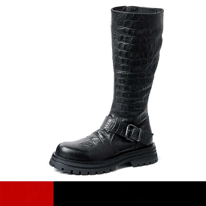 KIMLUD, Men's Genuine Leather Zipper Knight Knee-high Chelsea Riding Long Boots Man First Layer Cowhide Retro Buckle Belt Winter Shoes, Black / 6, KIMLUD APPAREL - Womens Clothes