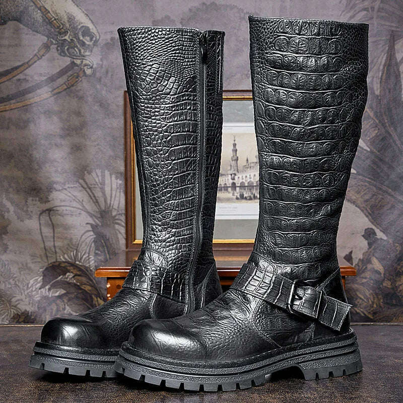 KIMLUD, Men's Genuine Leather Zipper Knight Knee-high Chelsea Riding Long Boots Man First Layer Cowhide Retro Buckle Belt Winter Shoes, KIMLUD Womens Clothes