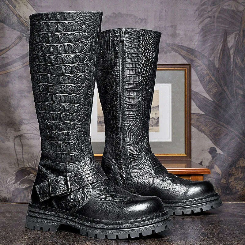 KIMLUD, Men's Genuine Leather Zipper Knight Knee-high Chelsea Riding Long Boots Man First Layer Cowhide Retro Buckle Belt Winter Shoes, KIMLUD Womens Clothes