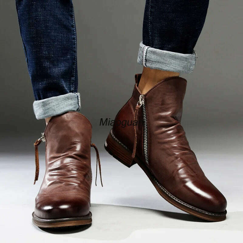 KIMLUD, Men's PU Leather Chelsea Boots 2023 Fashion High-top Tassel Zip Shoes Spring Autumn Ankle Boots for Men Comfort Plus Size 38-48, KIMLUD Womens Clothes