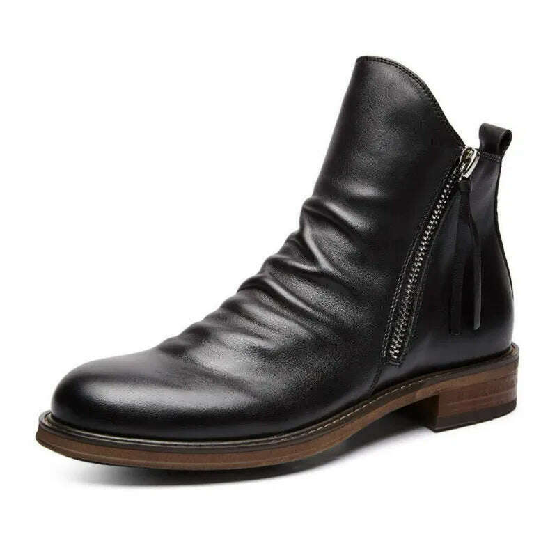 KIMLUD, Men's PU Leather Chelsea Boots 2023 Fashion High-top Tassel Zip Shoes Spring Autumn Ankle Boots for Men Comfort Plus Size 38-48, Black / 38, KIMLUD APPAREL - Womens Clothes