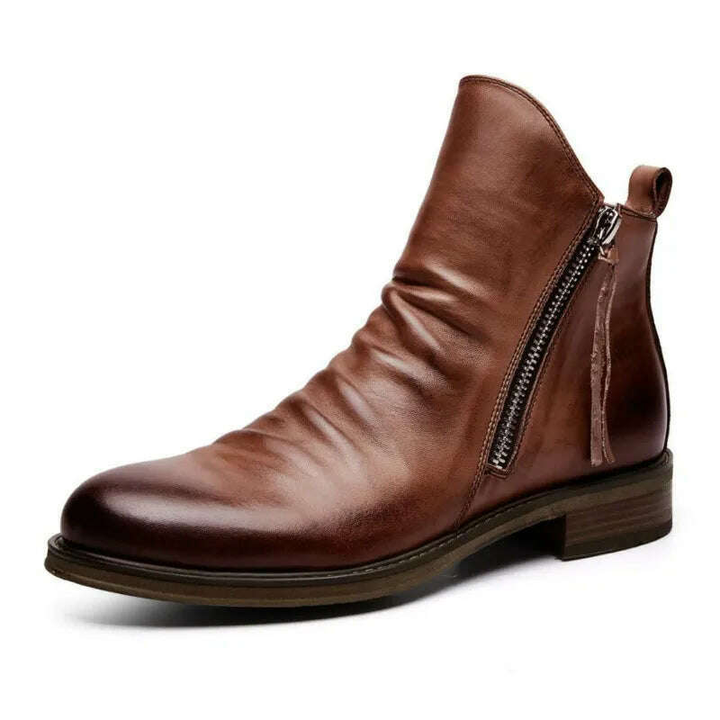 KIMLUD, Men's PU Leather Chelsea Boots 2023 Fashion High-top Tassel Zip Shoes Spring Autumn Ankle Boots for Men Comfort Plus Size 38-48, Auburn / 38, KIMLUD APPAREL - Womens Clothes