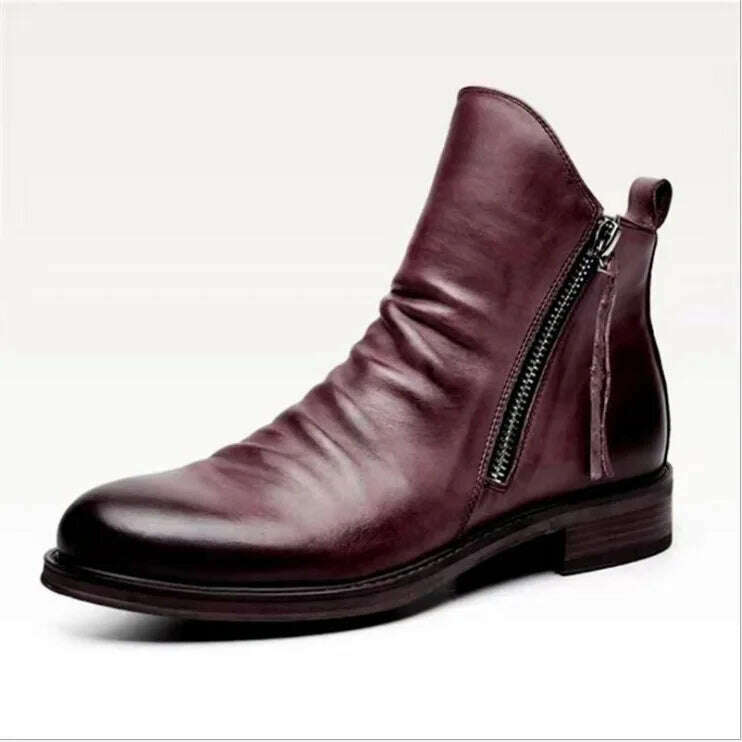 KIMLUD, Men's PU Leather Chelsea Boots 2023 Fashion High-top Tassel Zip Shoes Spring Autumn Ankle Boots for Men Comfort Plus Size 38-48, Wine Red / 38, KIMLUD APPAREL - Womens Clothes