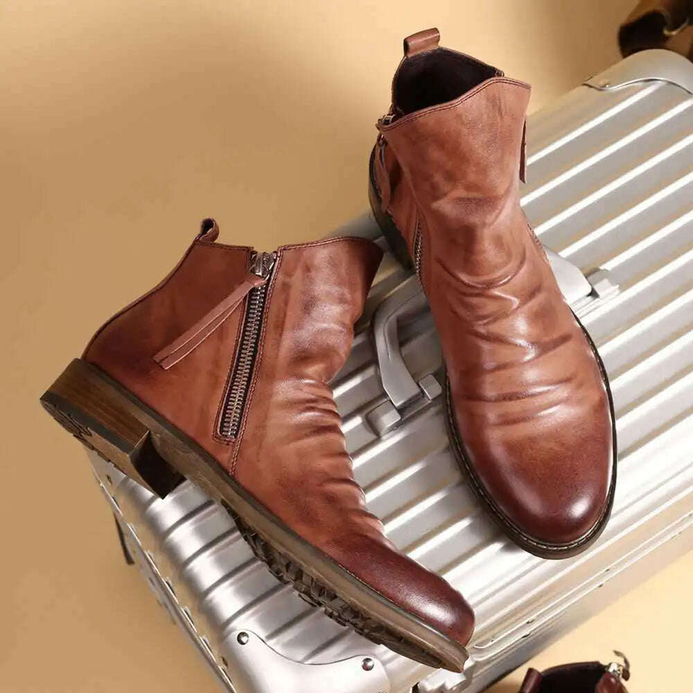 KIMLUD, Men's PU Leather Chelsea Boots 2023 Fashion High-top Tassel Zip Shoes Spring Autumn Ankle Boots for Men Comfort Plus Size 38-48, KIMLUD Womens Clothes