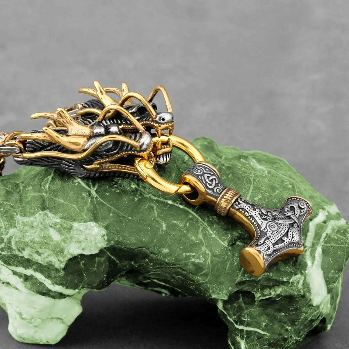 KIMLUD, Men's Stainless Steel Viking Thor's Hammer Pendant Gold Dragon Head Square Necklace Hip Hop Biker Fashion Jewelry Gift Wholesale, KIMLUD Womens Clothes