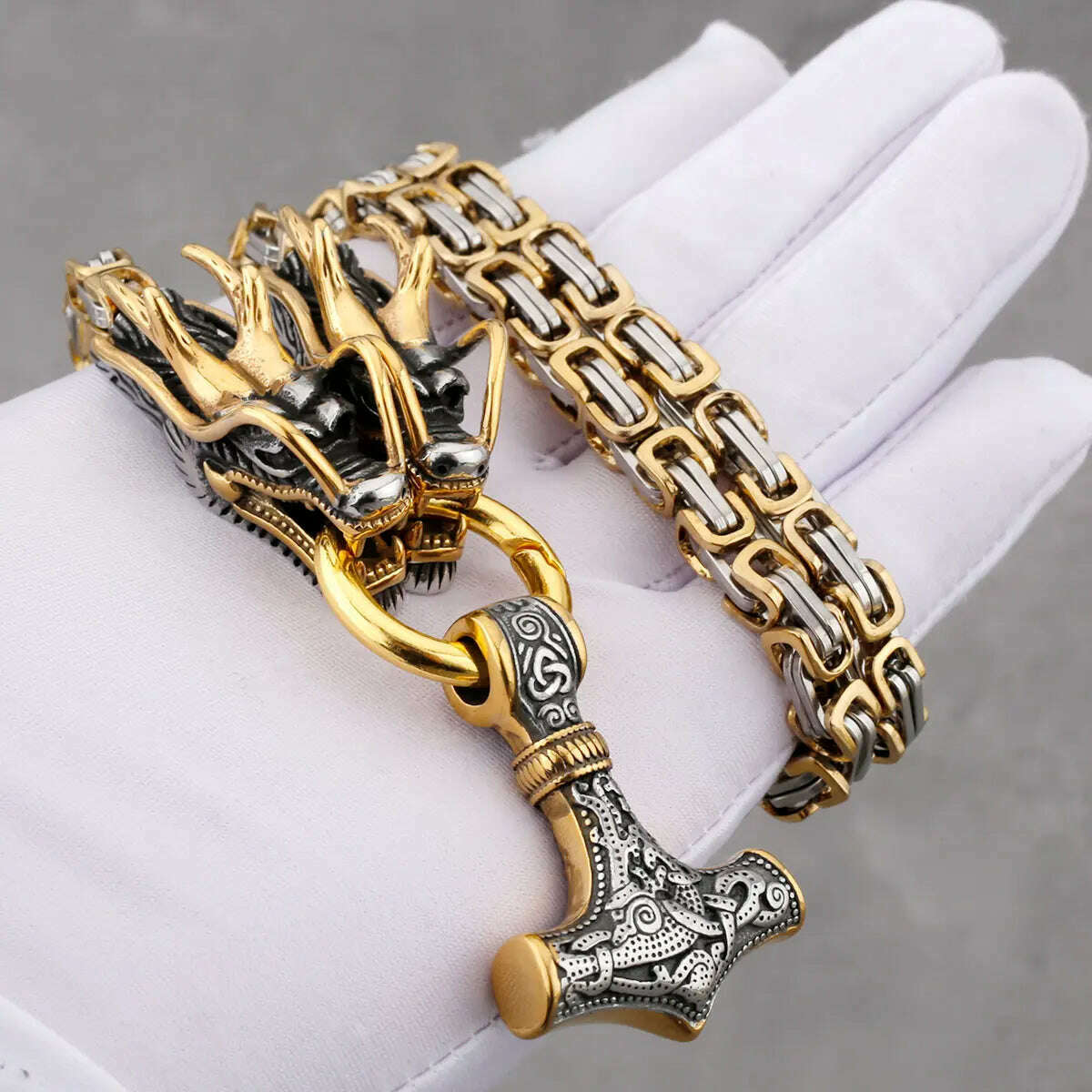 KIMLUD, Men's Stainless Steel Viking Thor's Hammer Pendant Gold Dragon Head Square Necklace Hip Hop Biker Fashion Jewelry Gift Wholesale, KIMLUD Womens Clothes