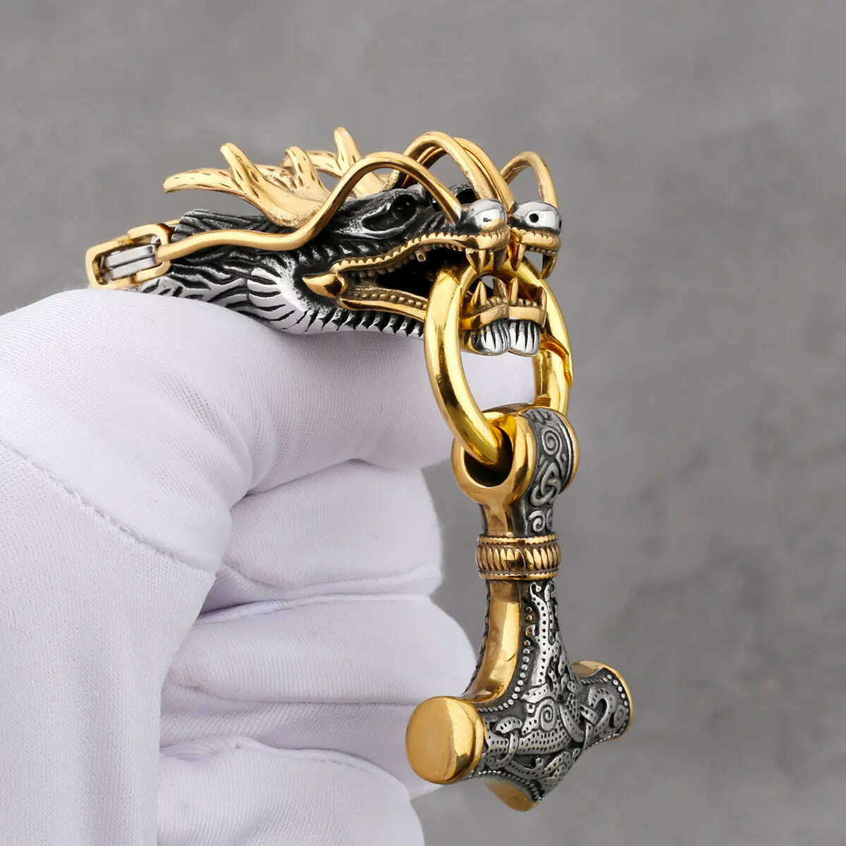 KIMLUD, Men's Stainless Steel Viking Thor's Hammer Pendant Gold Dragon Head Square Necklace Hip Hop Biker Fashion Jewelry Gift Wholesale, KIMLUD Womens Clothes
