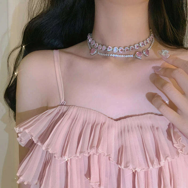 KIMLUD, MENGJIQIAO Korean Trendy Sweet Pink Crystal Heart Necklace For Women Girls Elegant Zircon Snake Chain Choker Collares Jewelry, KIMLUD Womens Clothes