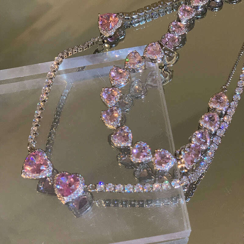 KIMLUD, MENGJIQIAO Korean Trendy Sweet Pink Crystal Heart Necklace For Women Girls Elegant Zircon Snake Chain Choker Collares Jewelry, KIMLUD Womens Clothes